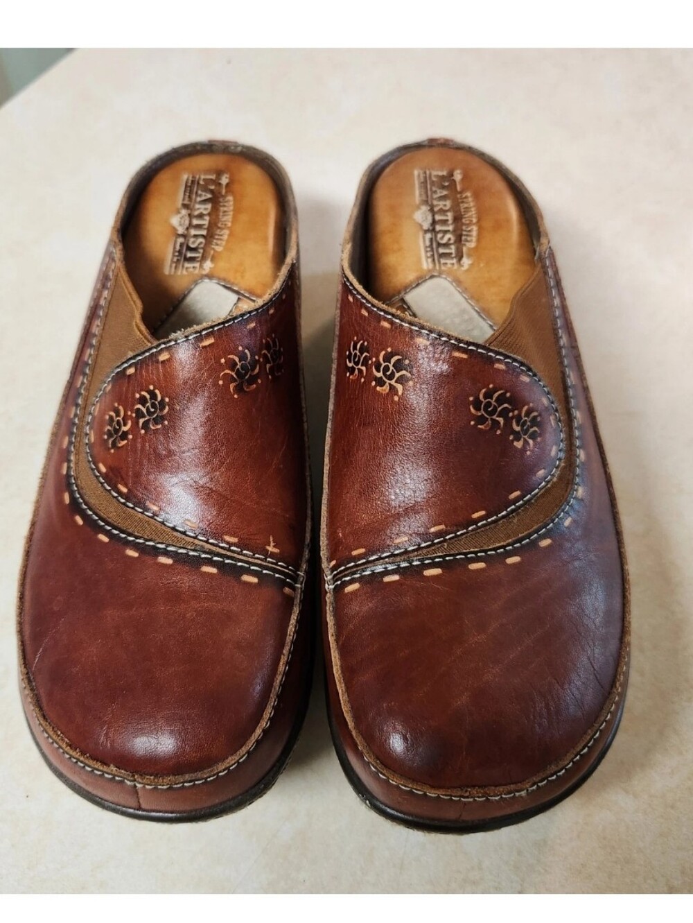 Spring Step L'Artiste Chino Brown Hand Painted Leather Clogs Women EU 40 US 9
